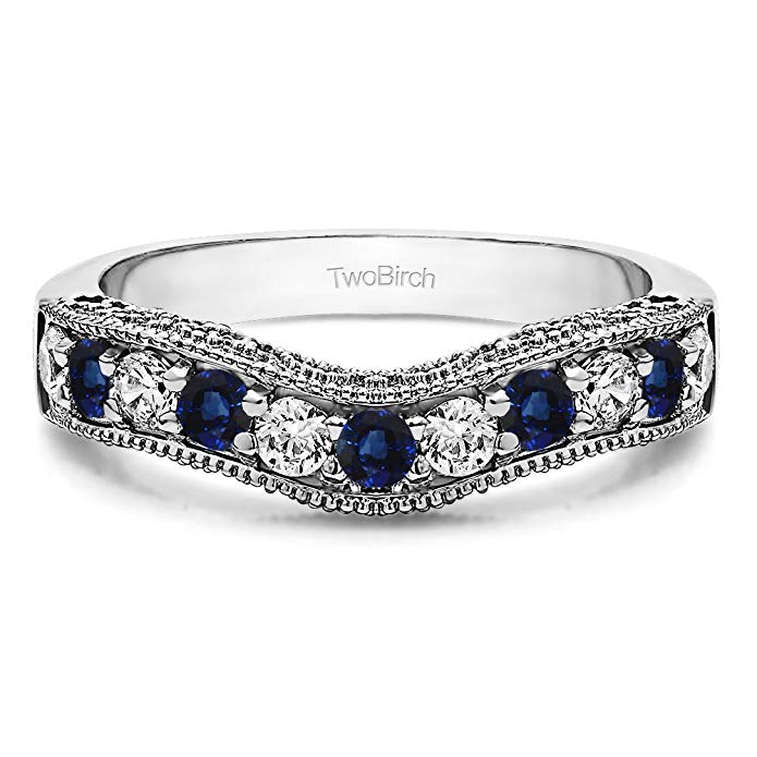 Diamonds (G-H,I2-I3) and Sapphire Vintage Wedding Band In Silver(0.3Ct) Size 3 To 15 in 1/4 Size Interval