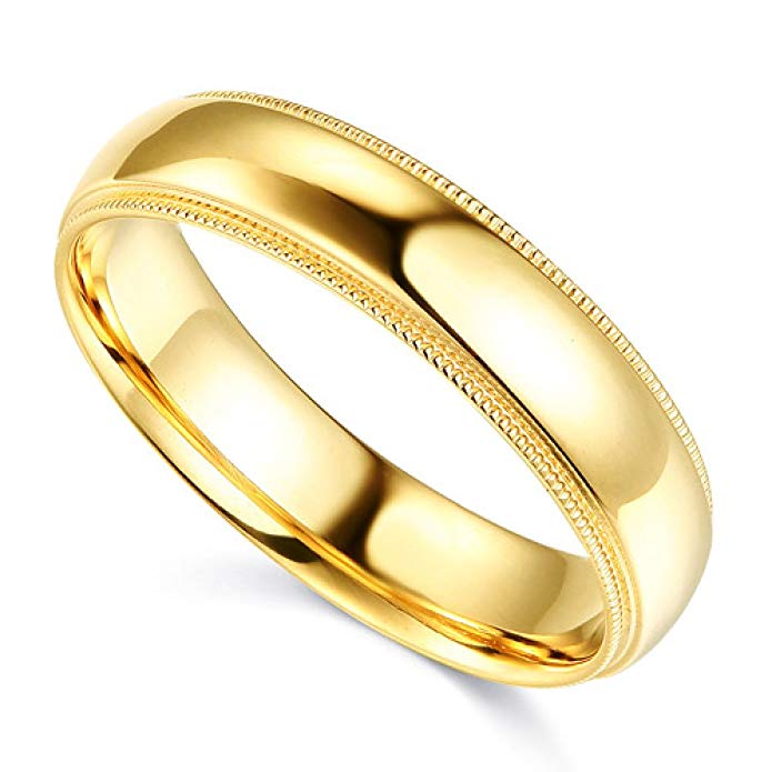 14K Solid Yellow Gold 5MM Plain Regular Fit Milgrain Wedding Band