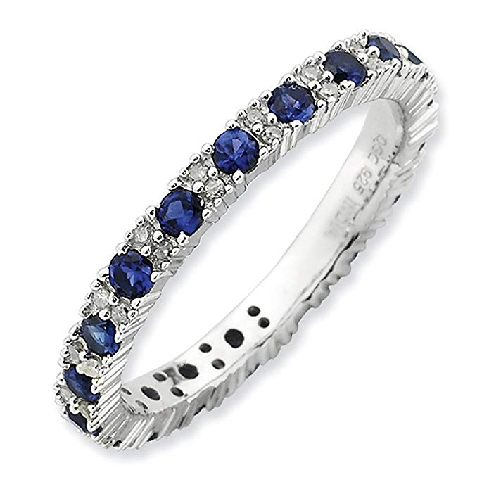 2.5mm Sterling Silver .13ctw Diamond .66 Created Sapphire Prong Set Designer Eternity Ring Band