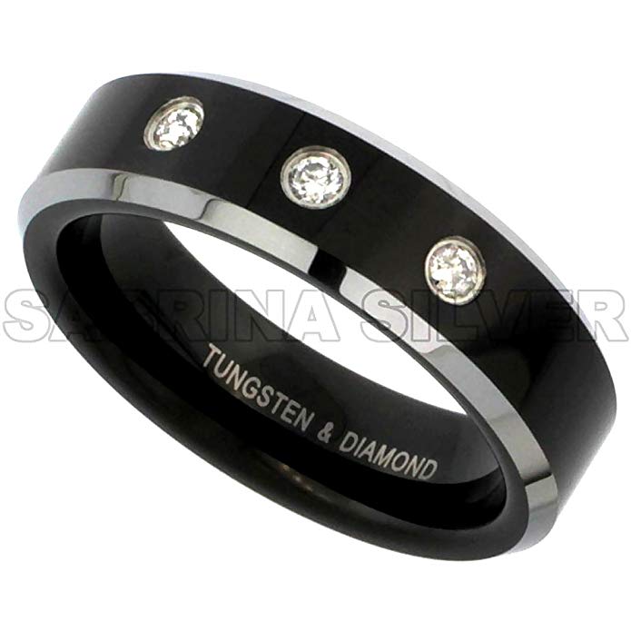 6mm Black Tungsten 3 Stone Diamond Wedding Ring Two-tone Beveled Edges Comfort fit, sizes 4-9.5