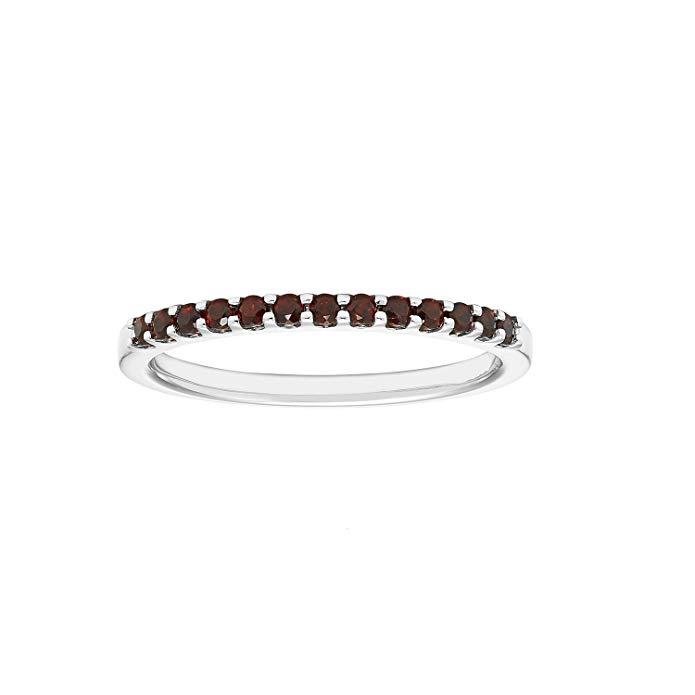 14K White Gold Genuine Garnet Stackable 2MM Wedding Anniversary Band Ring- January Birthstone