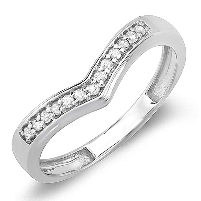 0.15 Carat (ctw) 10k White Gold White Round Real Diamond Wedding Stackable Band Guard Chevron Ring