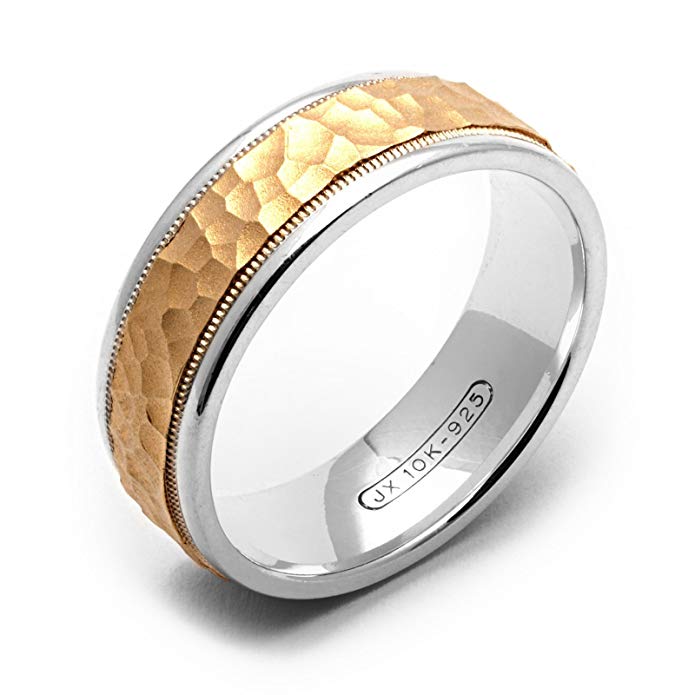 Alain Raphael 7 Millimeters Wide 2 Tone .925 Sterling Silver and 10K Yellow Gold Hammered Wedding Band