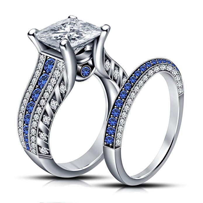 TVS-JEWELS Dazzling Princess Cut CZ & Round Blue Sapphire Wedding Band Engagement Ring Set in 925 Sterling Silver