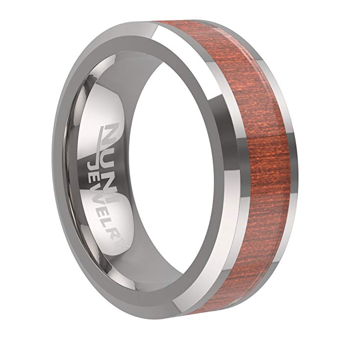 Tungsten Ring By Nuni Jewelry: Elegant Wedding Band With Oak Wood Inlay–Tungsten Carbide 8mm Wedding Band For Men And Women–Comes In A Protective Velvet Pouch