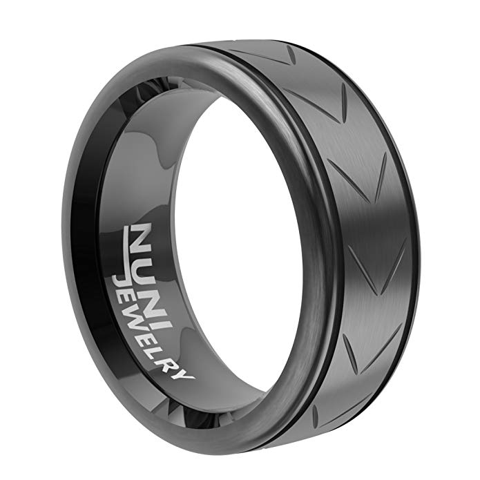 Nuni Jewelry Tungsten Ring Elegant Wedding Band with Black Plated Matte Brushed Center Polished Edge Dome & Grooved Top Design–Tungsten Carbide 8mm Wedding Band for Men and Women