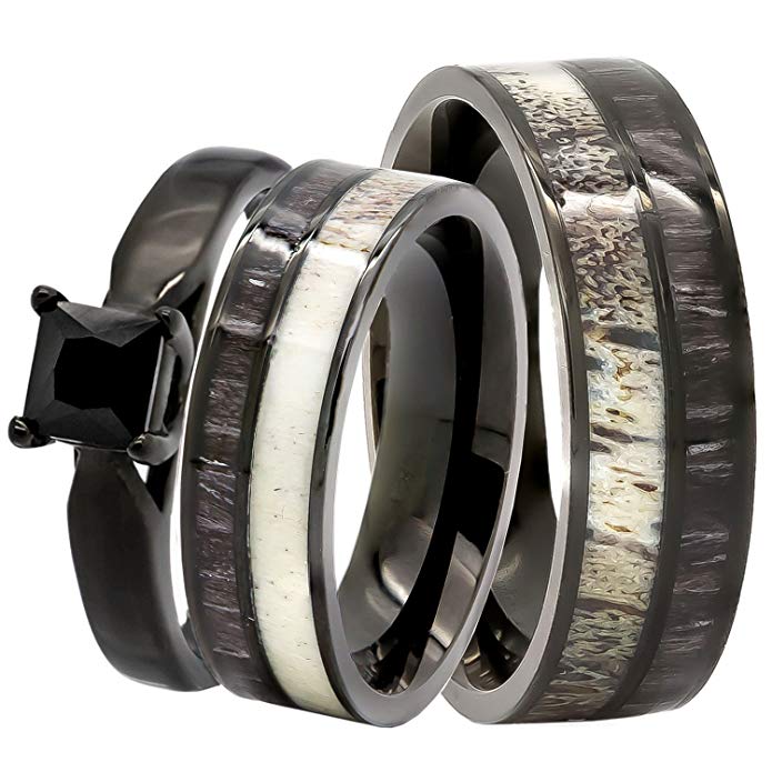 3 pc His & Hers Natural 1.25 ct Genuine Spinel Deer Antler Black Koa Wood Surgical Black Stainless Steel Engagement Wedding Rings set