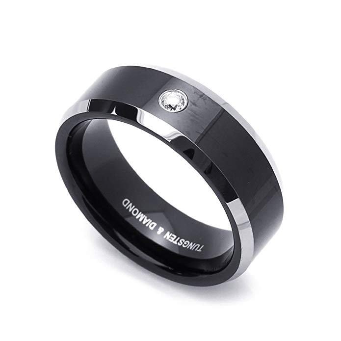 8MM Comfort Fit Tungsten Carbide Wedding Band 0.07 cttw Diamond Two Tone Black Tungsten Ring (8 to 14)